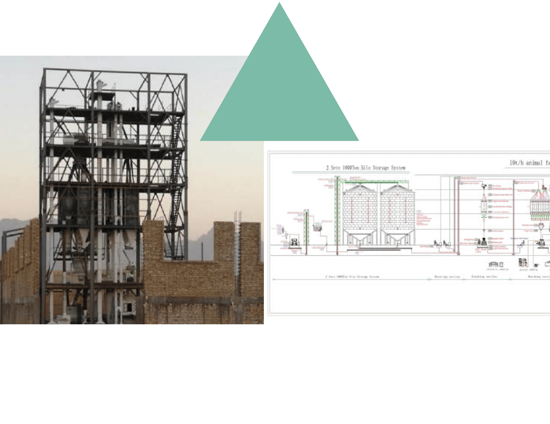 Poultry Feed Manufacturing Plant (Iraq)
•	Objective: Design a poultry feed production line with a capacity of 10 tons/hour, with future expansion potential.
•	Key Deliverables:
o	Customized design of the entire feed production system.
o	Construction of two 1,000-ton silos for raw material storage.
o	Full-scale processing system for cleaning, grinding, mixing, and granulation.
o	Computerized dosing system to manage up to 10 raw materials and create customized feed recipes.
o	High-quality granulation and packaging process.
o	Advanced automation and control systems for improved efficiency.
o	Continuous monitoring and system optimization to enhance performance.
